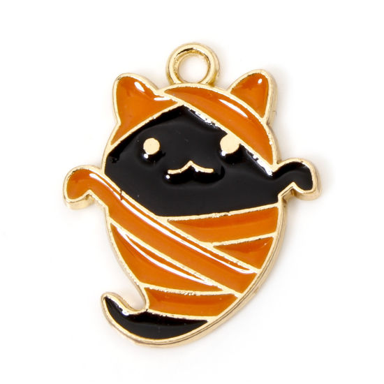 Picture of 10 PCs Zinc Based Alloy Halloween Charms Gold Plated Black & Orange Halloween Mummy Cat Enamel 20mm x 17mm