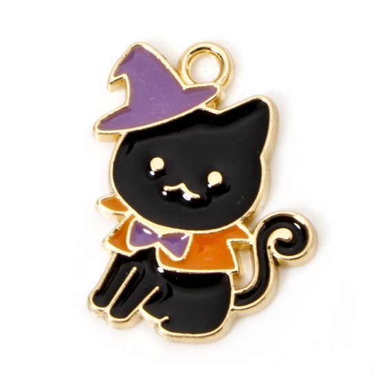 Picture of 10 PCs Zinc Based Alloy Halloween Charms Gold Plated Multicolor Cat Animal Enamel 19mm x 15mm