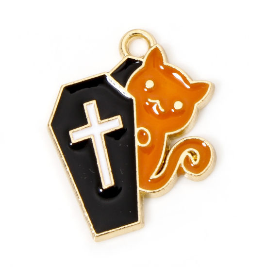 Picture of 10 PCs Zinc Based Alloy Halloween Charms Gold Plated Black & Orange Coffin Cat Enamel 20mm x 16mm