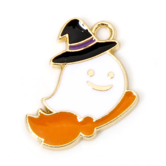 Picture of 10 PCs Zinc Based Alloy Halloween Charms Gold Plated Multicolor Halloween Ghost Broom Enamel 19mm x 13mm