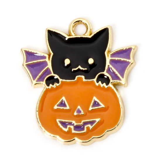 Picture of 10 PCs Zinc Based Alloy Halloween Charms Gold Plated Multicolor Cat Animal Halloween Pumpkin Enamel 19mm x 18mm