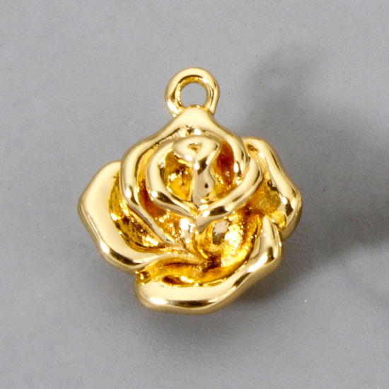 Picture of 2 PCs Brass Valentine's Day Charms 18K Gold Plated Rose Flower 3D 13mm x 11.5mm