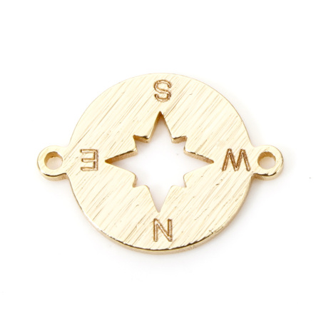 Picture of 5 PCs Brass Travel Connectors Charms Pendants Compass 18K Gold Plated Drawbench 15mm x 11mm
