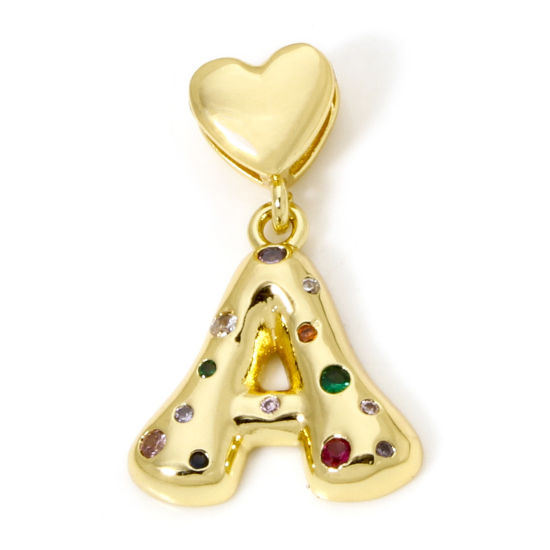 Immagine di 1 Pz Ecologico Ottone Ciondoli Pendenti Lettera Maiuscola 18K Vero Oro Placcato Cuore Lettere " A " Multicolore Cubic Zirconiae 3.1cm x 2cm