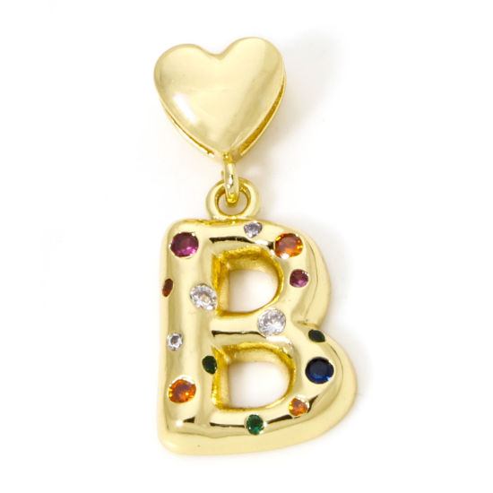 Immagine di 1 Pz Ecologico Ottone Ciondoli Pendenti Lettera Maiuscola 18K Vero Oro Placcato Cuore Lettere " B " Multicolore Cubic Zirconiae 3.1cm x 1.5cm