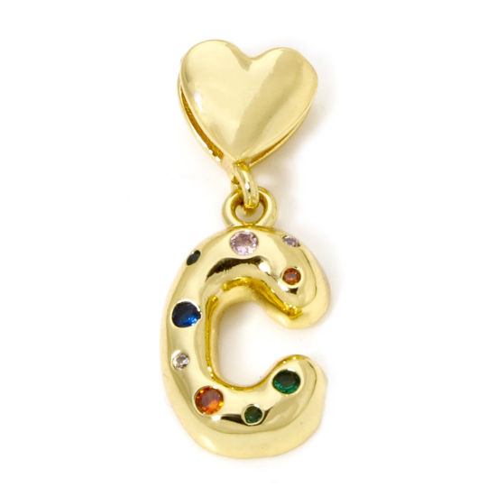 Immagine di 1 Pz Ecologico Ottone Ciondoli Pendenti Lettera Maiuscola 18K Vero Oro Placcato Cuore Lettere " C " Multicolore Cubic Zirconiae 3.1cm x 1.2cm