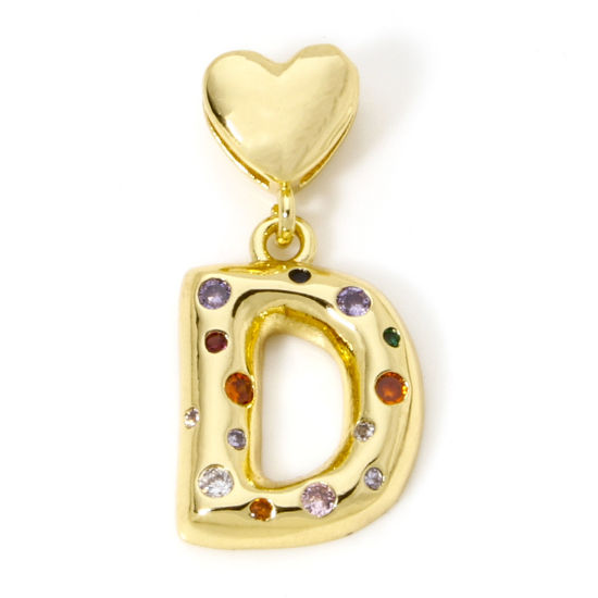 Immagine di 1 Pz Ecologico Ottone Ciondoli Pendenti Lettera Maiuscola 18K Vero Oro Placcato Cuore Lettere " D " Multicolore Cubic Zirconiae 3.2cm x 1.5cm