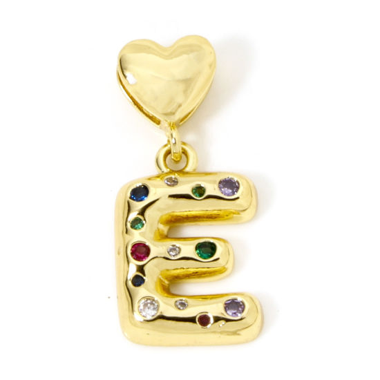 Immagine di 1 Pz Ecologico Ottone Ciondoli Pendenti Lettera Maiuscola 18K Vero Oro Placcato Cuore Lettere " E " Multicolore Cubic Zirconiae 3.1cm x 1.4cm