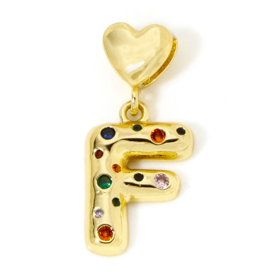 Immagine di 1 Pz Ecologico Ottone Ciondoli Pendenti Lettera Maiuscola 18K Vero Oro Placcato Cuore Lettere " F " Multicolore Cubic Zirconiae 3.2cm x 1.5cm