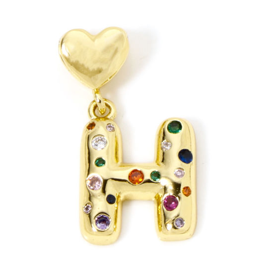 Immagine di 1 Pz Ecologico Ottone Ciondoli Pendenti Lettera Maiuscola 18K Vero Oro Placcato Cuore Lettere " H " Multicolore Cubic Zirconiae 3.1cm x 1.6cm