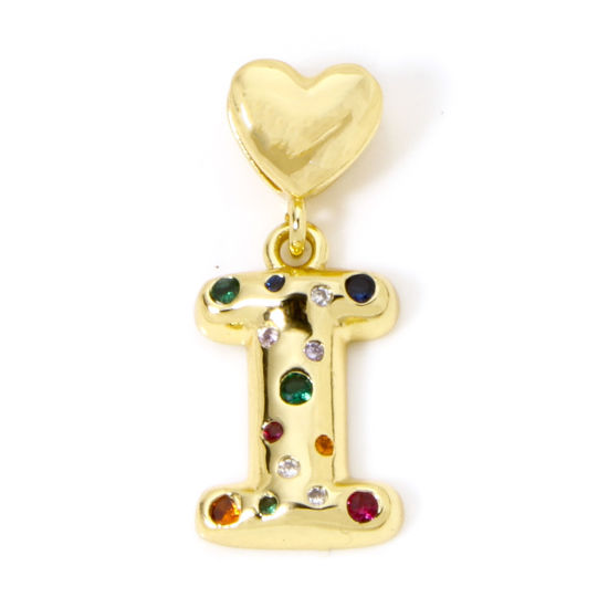 Immagine di 1 Pz Ecologico Ottone Ciondoli Pendenti Lettera Maiuscola 18K Vero Oro Placcato Cuore Lettere " I " Multicolore Cubic Zirconiae 3.1cm x 1.3cm