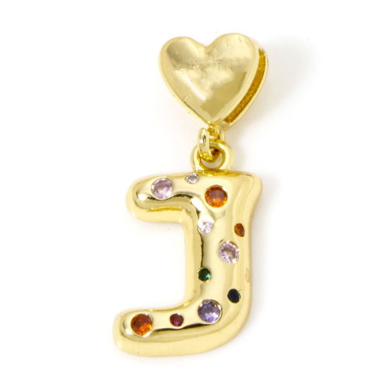 Immagine di 1 Pz Ecologico Ottone Ciondoli Pendenti Lettera Maiuscola 18K Vero Oro Placcato Cuore Lettere " J " Multicolore Cubic Zirconiae 3.1cm x 1.4cm