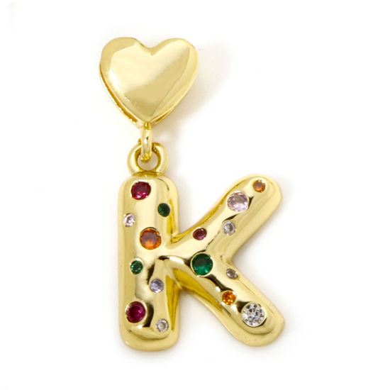 Immagine di 1 Pz Ecologico Ottone Ciondoli Pendenti Lettera Maiuscola 18K Vero Oro Placcato Cuore Lettere " K " Multicolore Cubic Zirconiae 3.1cm x 1.6cm