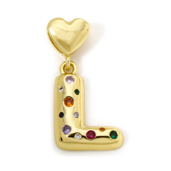Immagine di 1 Pz Ecologico Ottone Ciondoli Pendenti Lettera Maiuscola 18K Vero Oro Placcato Cuore Lettere " L " Multicolore Cubic Zirconiae 3.1cm x 1.6cm
