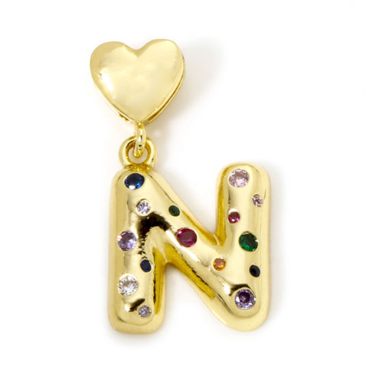 Immagine di 1 Pz Ecologico Ottone Ciondoli Pendenti Lettera Maiuscola 18K Vero Oro Placcato Cuore Lettere " N " Multicolore Cubic Zirconiae 3.1cm x 1.7cm
