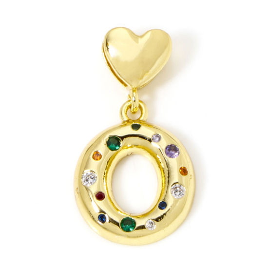 Immagine di 1 Pz Ecologico Ottone Ciondoli Pendenti Lettera Maiuscola 18K Vero Oro Placcato Cuore Lettere " O " Multicolore Cubic Zirconiae 3.1cm x 1.7cm