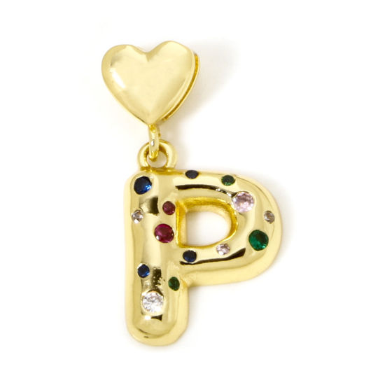 Immagine di 1 Pz Ecologico Ottone Ciondoli Pendenti Lettera Maiuscola 18K Vero Oro Placcato Cuore Lettere " P " Multicolore Cubic Zirconiae 3.2cm x 1.6cm