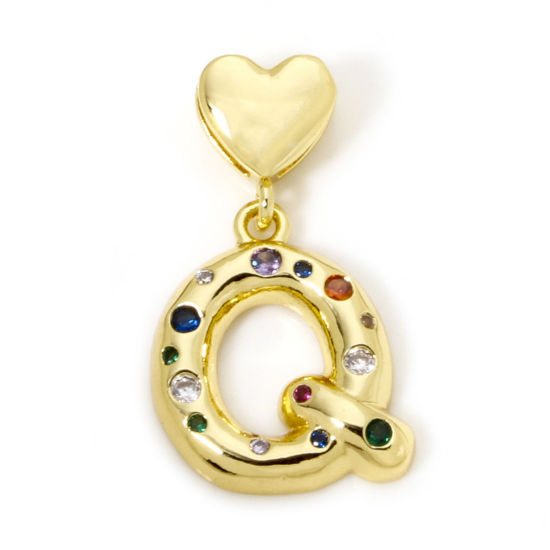 Immagine di 1 Pz Ecologico Ottone Ciondoli Pendenti Lettera Maiuscola 18K Vero Oro Placcato Cuore Lettere " Q " Multicolore Cubic Zirconiae 3.1cm x 1.8cm
