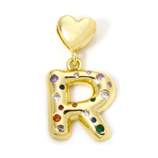 Immagine di 1 Pz Ecologico Ottone Ciondoli Pendenti Lettera Maiuscola 18K Vero Oro Placcato Cuore Lettere " R " Multicolore Cubic Zirconiae 3.1cm x 1.7cm