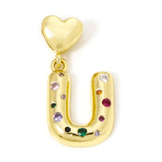 Immagine di 1 Pz Ecologico Ottone Ciondoli Pendenti Lettera Maiuscola 18K Vero Oro Placcato Cuore Lettere " U " Multicolore Cubic Zirconiae 3.1cm x 1.6cm