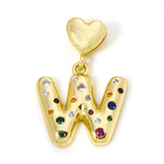 Immagine di 1 Pz Ecologico Ottone Ciondoli Pendenti Lettera Maiuscola 18K Vero Oro Placcato Cuore Lettere " W " Multicolore Cubic Zirconiae 3.1cm x 2.2cm