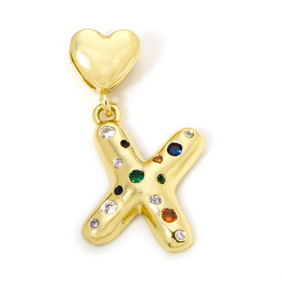 Immagine di 1 Pz Ecologico Ottone Ciondoli Pendenti Lettera Maiuscola 18K Vero Oro Placcato Cuore Lettere " X " Multicolore Cubic Zirconiae 3.1cm x 1.6cm