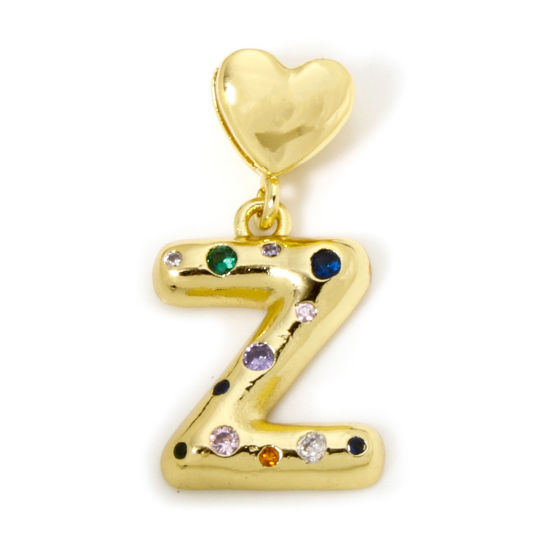Immagine di 1 Pz Ecologico Ottone Ciondoli Pendenti Lettera Maiuscola 18K Vero Oro Placcato Cuore Lettere " Z " Multicolore Cubic Zirconiae 3.2cm x 1.6cm