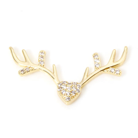Bild von 2 Stück Messing Weihnachten Steckverbinder Charms Anhänger 18K Echtgold plattiert Geweih Micro Pave Klar Kubischer Zirkon 26mm x 13mm