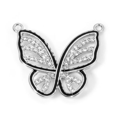 Picture of 1 Piece Brass Connectors Charms Pendants Real Platinum Plated Black Butterfly Animal Micro Pave Clear Cubic Zirconia 23mm x 21mm