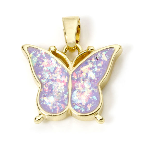 Picture of 1 Piece Brass Charm Pendant 18K Gold Plated Purple Butterfly Animal Imitation Opal 21mm x 19mm