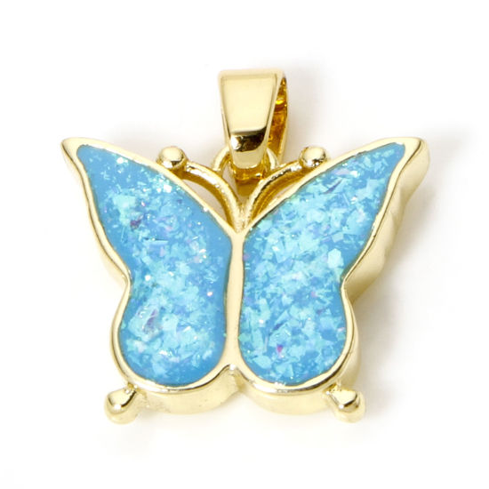 Picture of 1 Piece Brass Charm Pendant 18K Gold Plated Blue Butterfly Animal Imitation Opal 20mm x 18mm