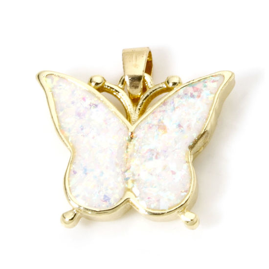 Picture of 1 Piece Brass Charm Pendant 18K Gold Plated White Butterfly Animal Imitation Opal 19mm x 18mm