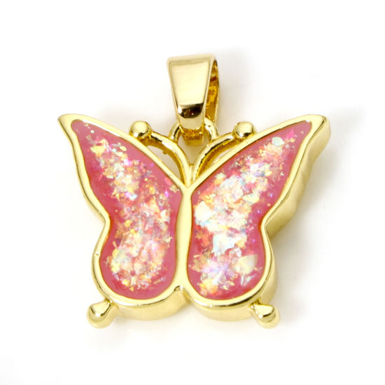 Picture of 1 Piece Brass Charm Pendant 18K Gold Plated Pink Butterfly Animal Imitation Opal 20mm x 18mm