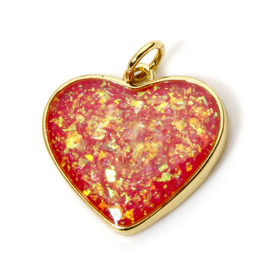 Image de 1 Pièce Breloques La Saint Valentin en Laiton Cœur Plaqué Or 18K Rouge Opale Imitation 20mm x 18mm