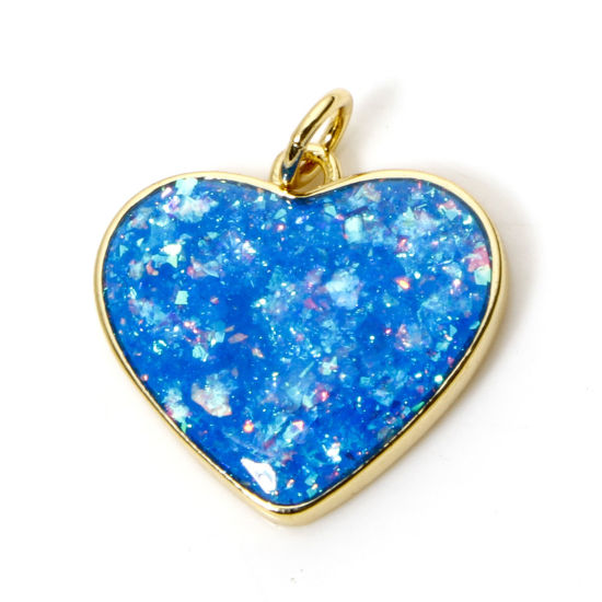 Image de 1 Pièce Breloques La Saint Valentin en Laiton Cœur Plaqué Or 18K Bleu Opale Imitation 20mm x 18mm