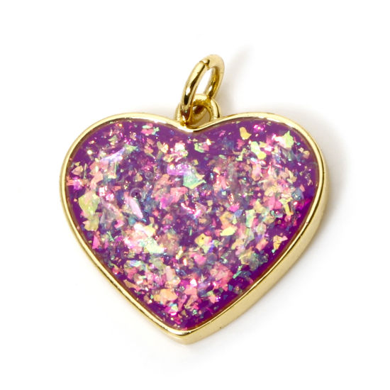 Image de 1 Pièce Breloques La Saint Valentin en Laiton Cœur Plaqué Or 18K Violet Opale Imitation 20mm x 18mm