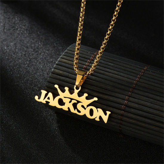 Picture of 1 Piece 304 Stainless Steel Customized Name Necklace Personalized Letter Charm Pendant Gold Plated 45cm(17.7") long