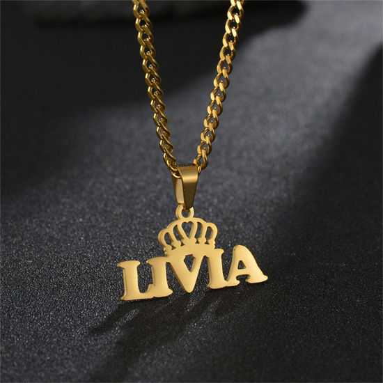 Picture of 1 Piece 304 Stainless Steel Customized Name Necklace Personalized Letter Charm Pendant Gold Plated 45cm(17.7") long