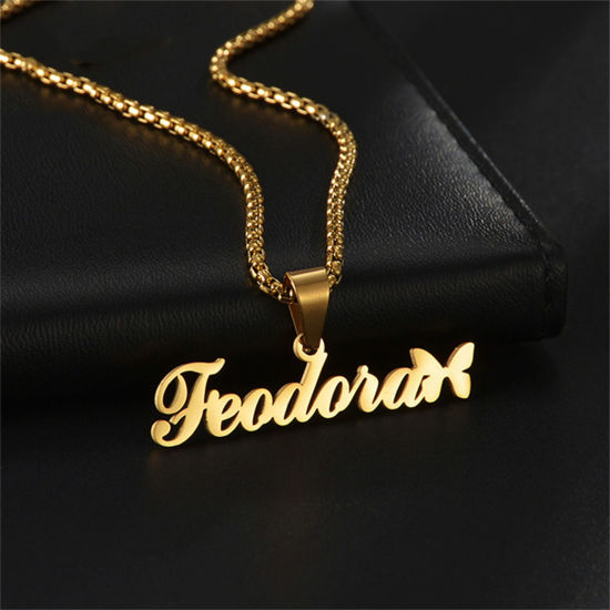 Picture of 1 Piece 304 Stainless Steel Customized Name Necklace Personalized Letter Charm Pendant Gold Plated 45cm(17.7") long