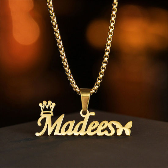 Picture of 1 Piece 304 Stainless Steel Customized Name Necklace Personalized Letter Charm Pendant Gold Plated 45cm(17.7") long