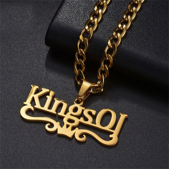 Picture of 1 Piece 304 Stainless Steel Customized Name Necklace Personalized Letter Charm Pendant Gold Plated 45cm(17.7") long