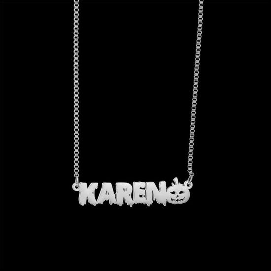 Picture of 1 Piece 304 Stainless Steel Halloween Customized Name Necklace Personalized Letter Charm Pendant Pumpkin Silver Tone 45cm(17.7") long