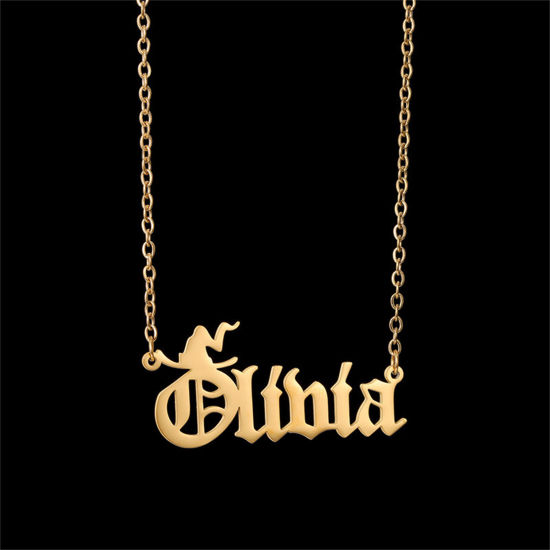 Picture of 1 Piece 304 Stainless Steel Halloween Customized Name Necklace Personalized Letter Charm Pendant Halloween Witch Gold Plated 45cm(17.7") long