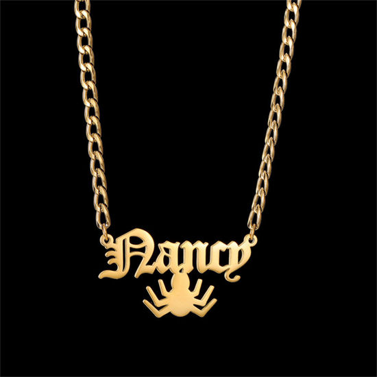 Picture of 1 Piece 304 Stainless Steel Halloween Customized Name Necklace Personalized Letter Charm Pendant Halloween Spider Animal Gold Plated 45cm(17.7") long