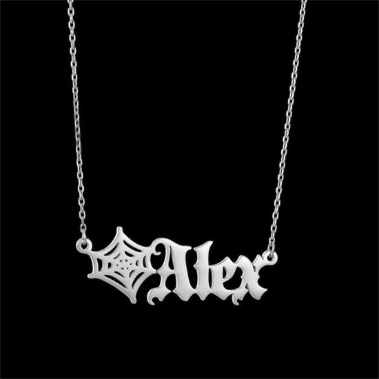 Picture of 1 Piece 304 Stainless Steel Halloween Customized Name Necklace Personalized Letter Charm Pendant Halloween Cobweb Silver Tone 45cm(17.7") long