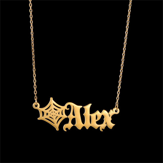 Picture of 1 Piece 304 Stainless Steel Halloween Customized Name Necklace Personalized Letter Charm Pendant Halloween Cobweb Gold Plated 45cm(17.7") long