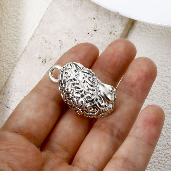 Picture of 2 PCs Zinc Based Alloy Anatomy Jewerly Pendants Antique Silver Color Anatomical Human Cerebrum Brain 3D 3.5cm x 2cm