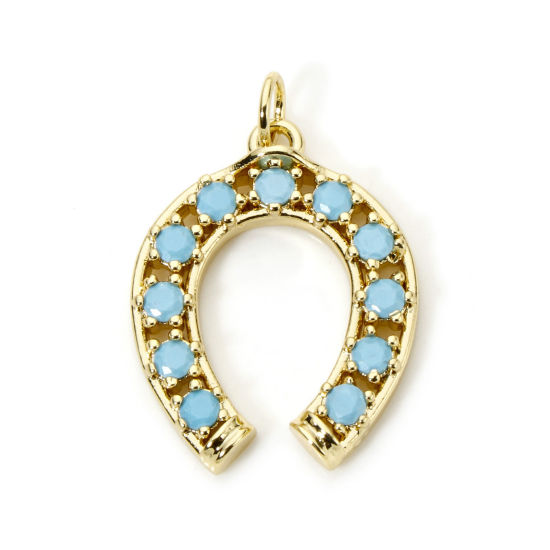 Immagine di 1 Pz Ottone Cowboy dell'Ovest Ciondoli Ferro di Cavallo Placcato Oro 18K Blu Cubic Zirconiae 26mm x 18mm