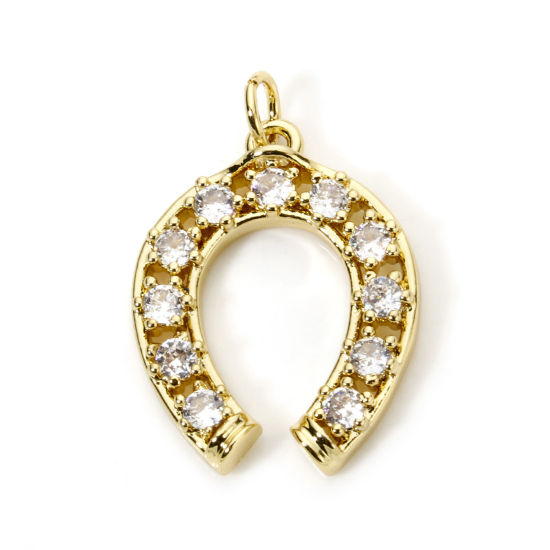 Immagine di 1 Pz Ottone Cowboy dell'Ovest Ciondoli Ferro di Cavallo Placcato Oro 18K Trasparente Cubic Zirconiae 26mm x 18mm