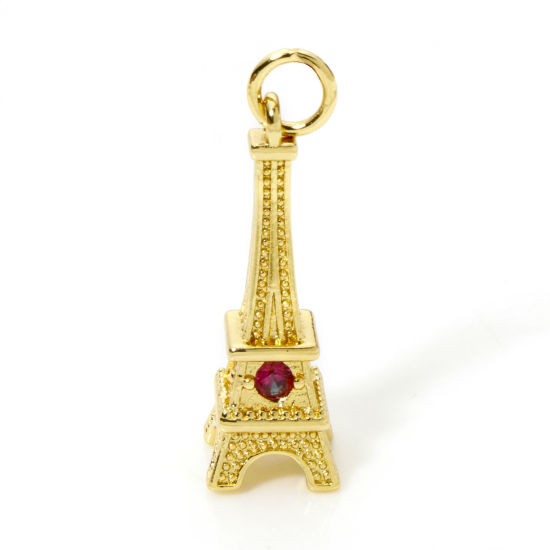 Image de 1 Pièce Breloques Voyage en Laiton Tour Eiffel Plaqué Or 18K 3D à Zircone Cubique Multicolore 26mm x 8mm